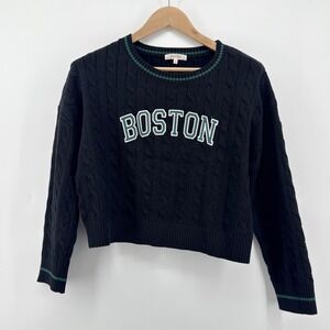 Stella Tweed Cable Knit Boston Pullover Sweater Large Black Green‎ Collegiate MA